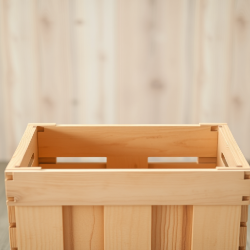 A wooden crate with a visible top perspective and natural wooden texture, captured using a DSLR camera with a 50mm lens at f/2.8, ISO 100, and a soft-focus background for enhanced depth; lighting should be soft and natural to highlight the grain of the wood.