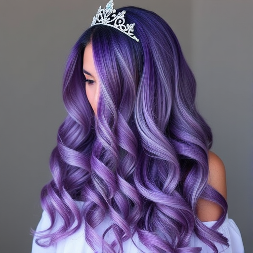 Regal Amethyst Cascade characterized by long, flowing purple locks with subtle silver highlights, styled in loose spiral curls and adorned with a delicate tiara