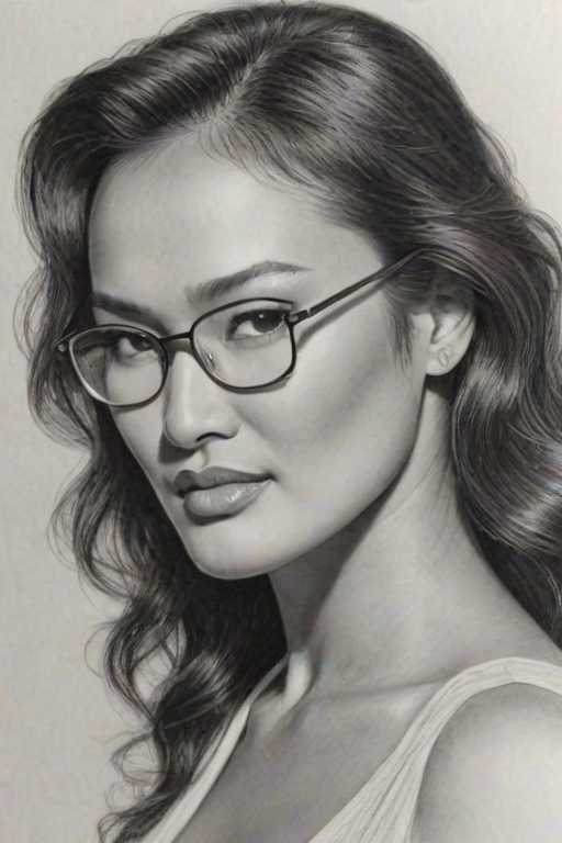 Ravishing Tia Carrere, pencil sketch, portrait of Wonderful woman 1931s in glasses, hair style beatnik, outline, clear lines, fine lines, 8k