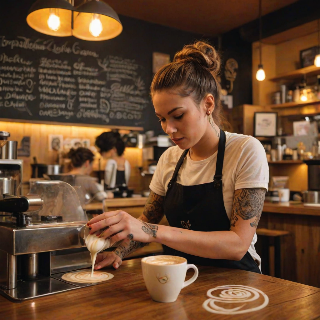Low-light image, inside a cozy coffee shop, a barista with a messy bun and tattoos on her arms, carefully pouring a latte with intricate foam art, steam rising from the cup, warm yellow lighting reflecting off polished wooden countertops, customers in the background chatting softly, old-fashioned chalkboard menu on the wall.