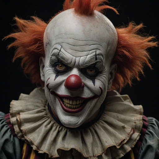 Create a hyper-realistic, dark, and eerie clown with a sinister smile, set against a black background. The clown should have exaggerated makeup with sharp, contrasting colors to enhance its menacing appearance. The overall atmosphere should be unsettling and intense, capturing a sense of horror and suspense