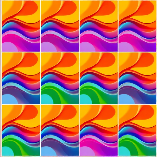 Create a vibrant, abstract pattern with smooth curves and a variety of colors in a grid layout, using a DSLR camera with a 50mm lens, aperture set to f/2.8, ISO 100, and a slightly overhead angle to enhance depth and clarity.
