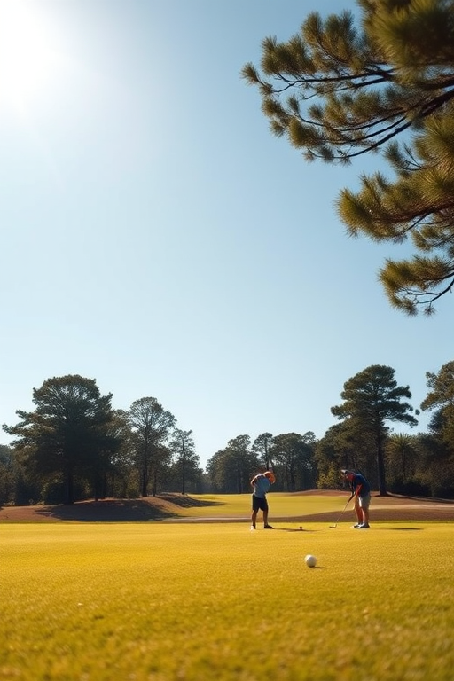 Regenerate an image of a golf course with several players putting on a green, captured in a bright afternoon setting with a shallow depth of field, using a DSLR camera at f/4 aperture, 1/500 shutter speed, ISO 200, and a 24-70mm lens from a low angle perspective.