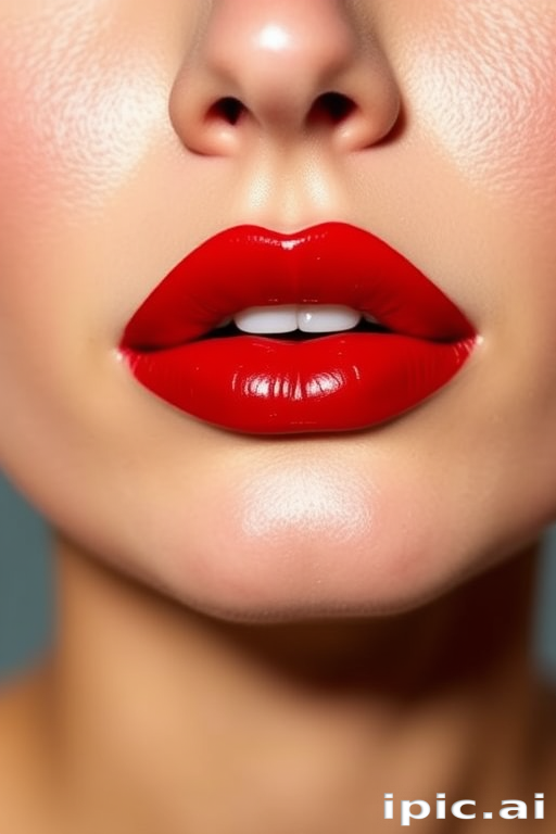 Glossy cherry red lips pop with classic allure in the "Pinup Perfection" style, boasting a vibrant, true red hue with a high-shine finish that creates the illusion of plump, juicy lips, embodying timeless glamour and confidence that never goes out of style