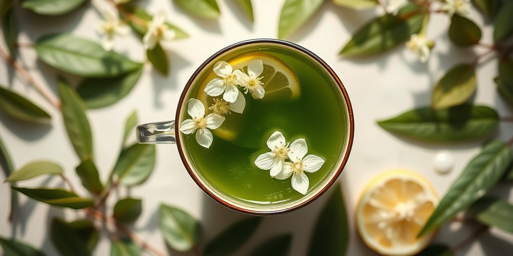 Aerial view of a cup of green tea with lemon slices and white flowers, surrounded by leaves, soft natural lighting, ISO 200, f/4.0, 1/60 sec, DSLR camera, minimalist style.