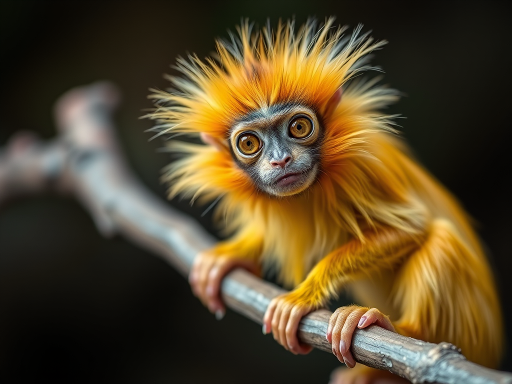Capture a close-up image of a golden lion tamarin perched on a branch, using a 50mm f/1.8 lens, at ISO 200, with a shutter speed of 1/250s, in soft natural light, with shallow depth of field to enhance the subject against a blurred dark background.