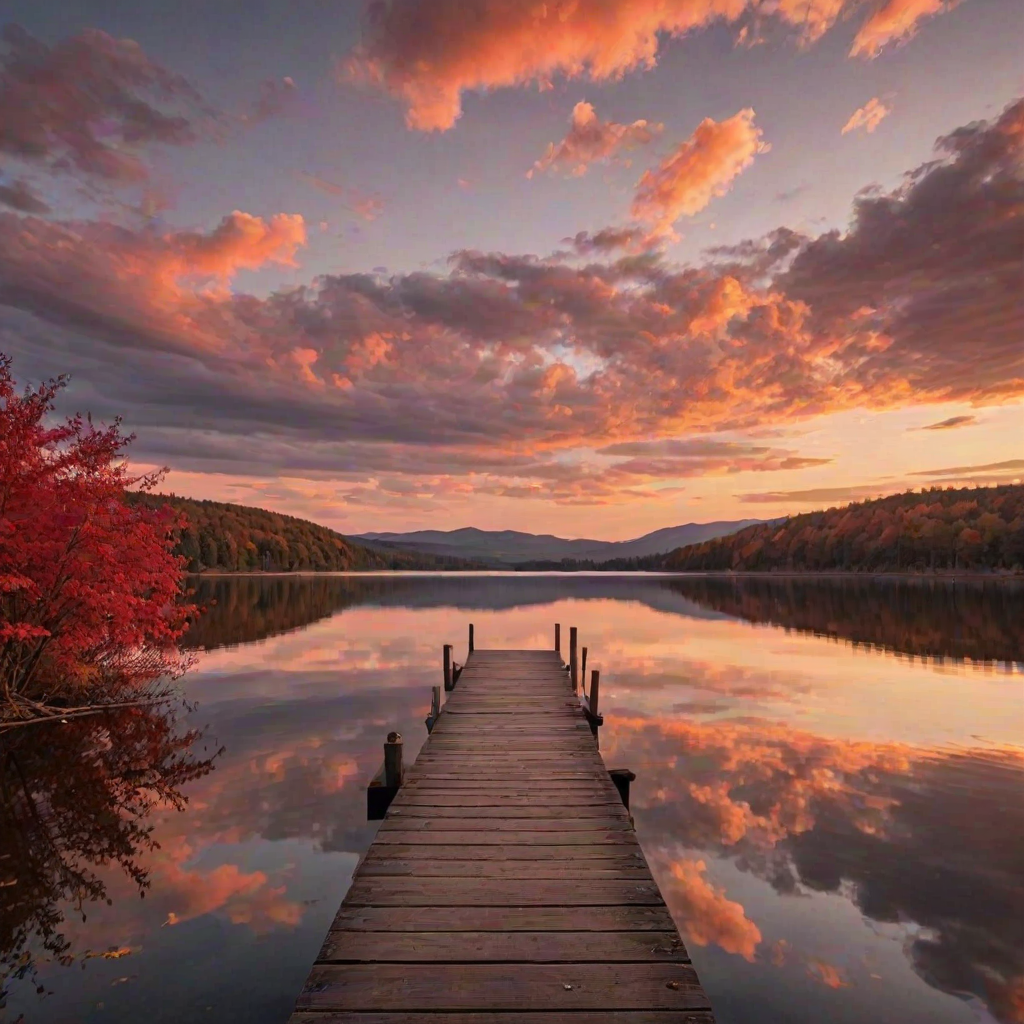 Create an image featuring a wooden dock extending into a serene lake at sunset. The sky is filled with dramatic orange, pink, and golden clouds as the sun sets behind distant hills, casting a beautiful reflection on the calm waters of the lake. The dock is strewn with vibrant red autumn leaves, and a strikingly red tree stands to the right, its leaves also glowing in the sunset light. The overall mood of the image is peaceful and warm, with the contrast between the fiery sky and calm waters enhancing the beauty of the scene.