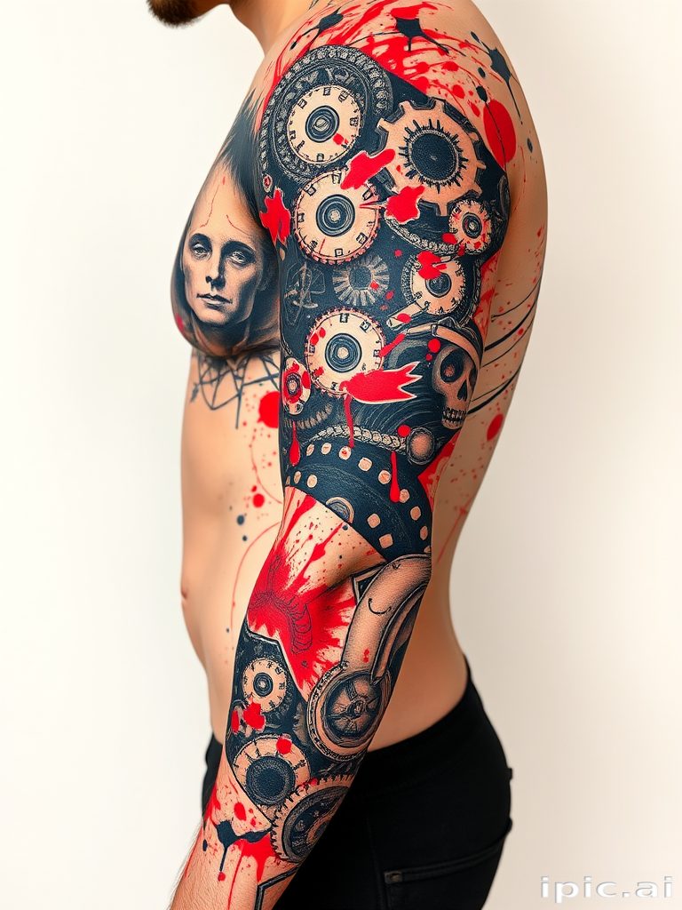 Biomechanical trash polka tattoo combining realistic mechanical elements with abstract splashes of red and black ink, creating a dynamic and chaotic full-sleeve masterpiece