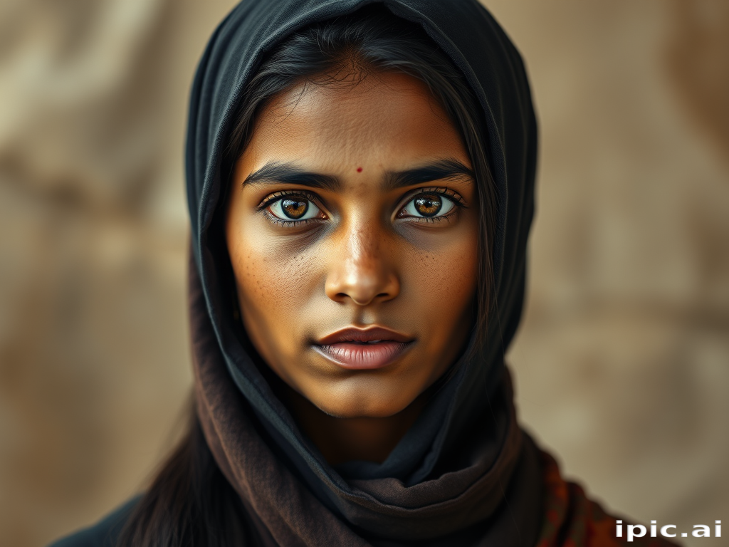 Create a portrait of a young Sri Lankan woman with long, dark hair and captivating hazel eyes. She is wearing a dark headscarf and a matching scarf draped gracefully around her neck. The background is softly blurred, focusing attention on her serene and natural expression. The overall color palette is muted and warm, enhancing the intimate and authentic feel of the portrait.