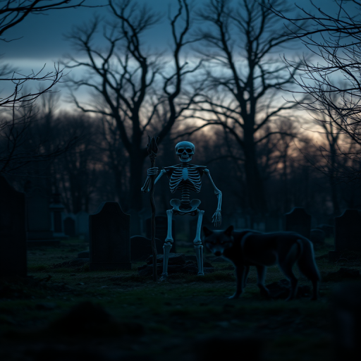 Create a dark fantasy scene featuring a skeletal figure with a staff standing in a graveyard with a wolf, surrounded by barren trees and tombstones, captured with a DSLR camera at f/2.8, ISO 400, 50mm lens, in twilight conditions for enhanced contrast and depth.
