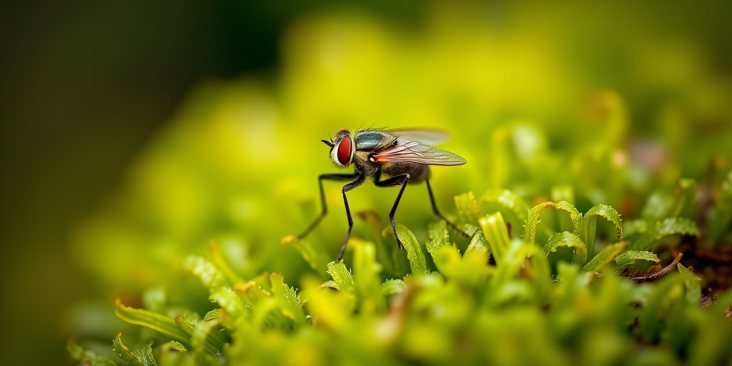 macro shot of a fly on lush green moss with a shallow depth of field, aperture f/2.8, shutter speed 1/500s, ISO 200, captured with a DSLR camera, using a 100mm macro lens, natural lighting, vibrant colors and high detail