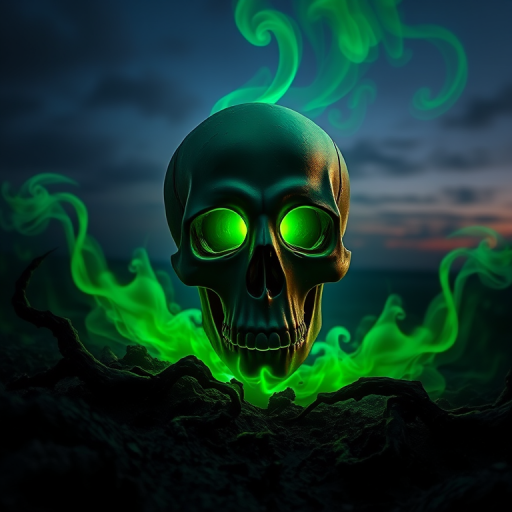 Create an eerie and vibrant depiction of a green skull with glowing eyes emerging from a dark, twisted landscape, with wisps of green smoke spiraling around, using a DSLR camera with a 50mm lens, f/1.8 aperture, ISO 100, and a long exposure at dusk for enhanced texture and depth.
