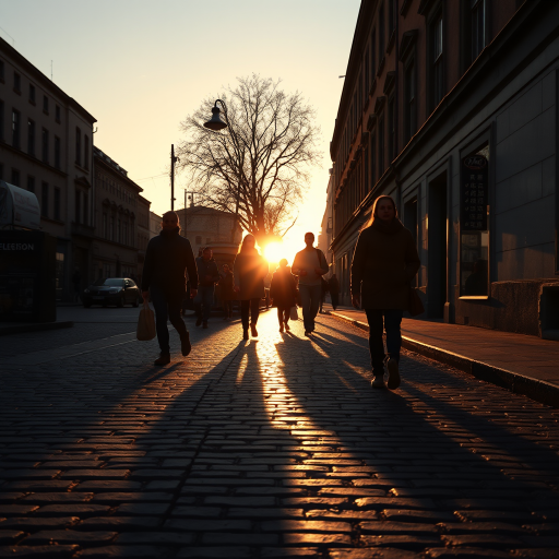capture a sunset scene of people walking on a cobblestone street casting long shadows with a warm golden hue, use a DSLR camera, aperture f/2.8, shutter speed 1/200 sec, ISO 100, wide-angle lens, shot from a low angle to emphasize shadows and depth
