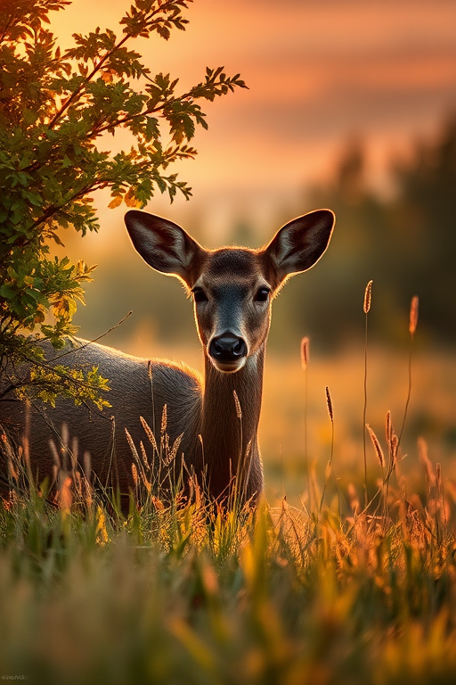 A deer partially concealed by foliage in a grassy meadow during golden hour, captured with a 85mm lens at f/2.8, ISO 200, 1/500 sec, using a DSLR camera set to a shallow depth of field for a soft background blur, natural lighting to enhance details.