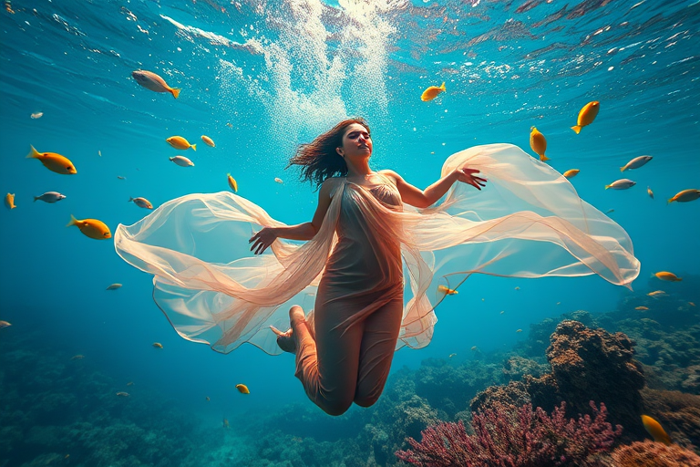 Underwater scene with a woman in a flowing sheer dress, surrounded by colorful fish and coral, shot with a Canon EOS R5, 24mm lens, f/2.8 aperture, ISO 100, natural light, high dynamic range, vivid colors, and a depth of field to enhance the ethereal quality of the underwater environment.