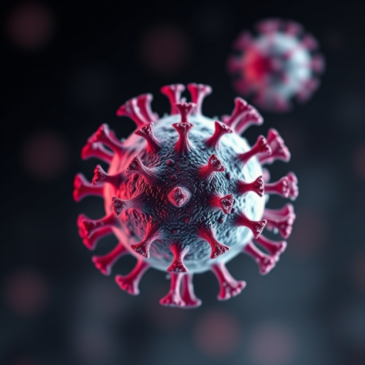 high-resolution 3D rendering of a virus cell with detailed spike proteins, macro perspective, soft focus background, studio lighting, DSLR camera, ISO 100, f/1.8, 50mm lens, high dynamic range imaging