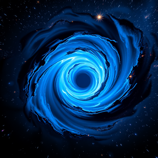 Create a high-resolution image of a swirling blue vortex resembling a black hole, with vibrant stars and cosmic elements surrounding it, shot with a Canon EOS R5 at f/8, ISO 100, and a 24mm lens, using a low-angle perspective for depth.