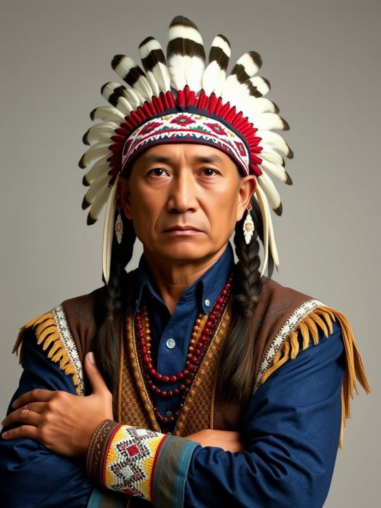 Create a dignified portrait of a Native American man dressed in traditional attire. He wears a beautifully crafted headdress adorned with white feathers and red beads, along with a beaded headband featuring intricate patterns. His clothing includes a deep blue, patterned shirt and a traditional chest piece with detailed beadwork. His arms are crossed, displaying leather armbands decorated with feathers. The background is simple and neutral, emphasizing his proud and stoic expression. The overall image captures the rich cultural heritage and strength of his persona.