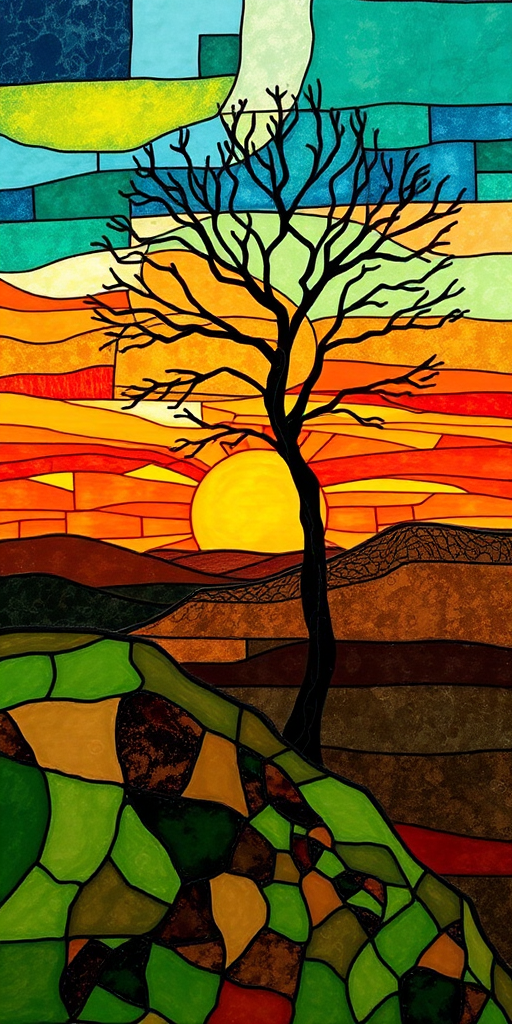 A vibrant abstract painting on Tiffany Glass, blending acrylic and alcohol ink techniques, captures a dramatic sunset over rolling hills. The artwork features a textured, rocky foreground in green and brown, layered abstract hills, and a striking sunset in rich oranges, yellows, and reds. A solitary black tree with intricate branches contrasts against the fiery sky, creating a dynamic and expressive portrayal of a breathtaking natural scene.