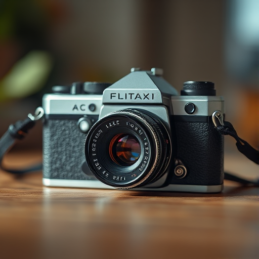 Regenerate the image of a vintage camera with a shallow depth of field, focus on the camera body, using a 50mm lens, aperture f/1.8, ISO 200, natural light, and a soft bokeh background, shot from a slightly elevated angle to emphasize details.