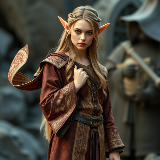 Regenerate an image of an elegant elf in ornate brown and gold robes, standing in a pose with flowing sleeves, using a DSLR camera, 50mm lens, aperture f/1.8, ISO 100, natural lighting for enhanced detail and richness.