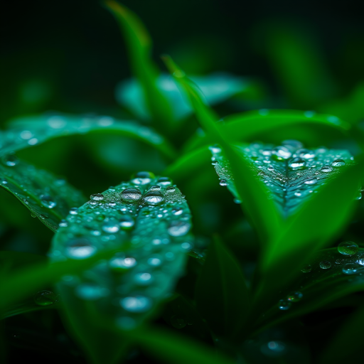 macro shot of dew-covered green leaves in low light conditions with a blurred background, aperture f/2.8, shutter speed 1/200s, ISO 100, 50mm lens, DSLR camera