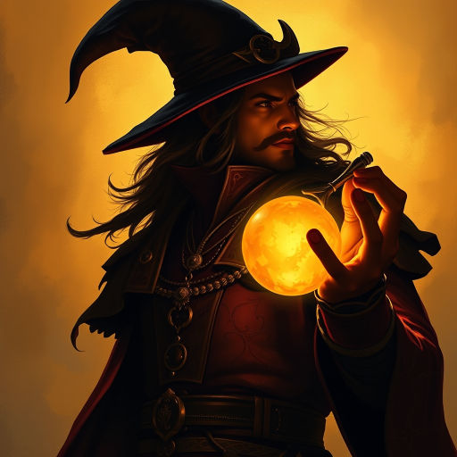 fantasy sorcerer with a glowing orb, rich ornate attire, striking silhouette against a golden background, dramatic lighting, 50mm lens, f/1.8 aperture, ISO 100, side profile, portrait orientation, digital painting style, high resolution