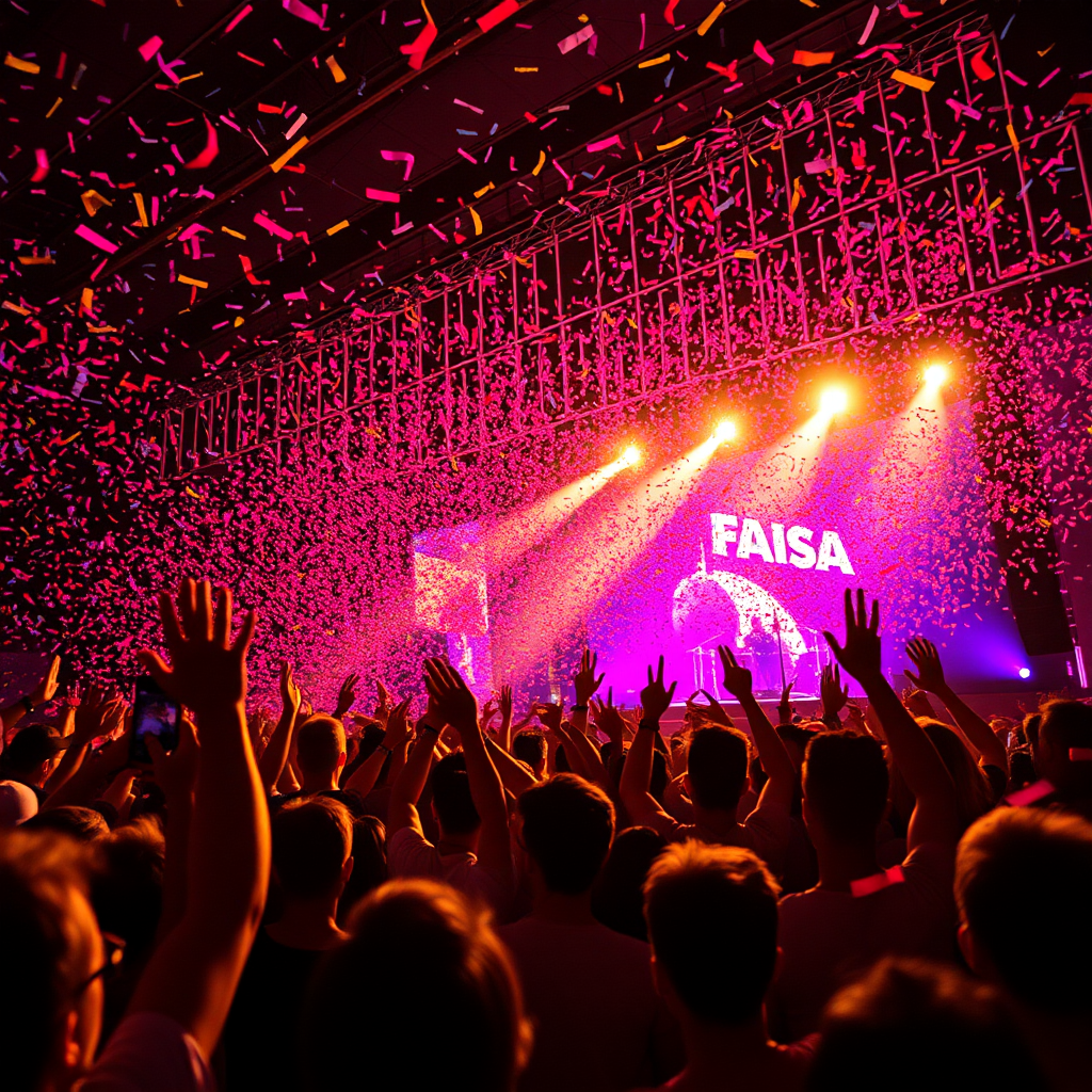 concert scene with a crowd cheering and colorful confetti falling, captured with a Canon EOS R5, 35mm lens, f/2.8 aperture, ISO 800, shutter speed 1/250s, golden hour lighting, dynamic angle view for a vibrant atmosphere