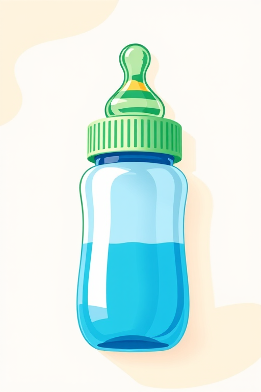 create a colorful illustration of a baby bottle with a bright blue body and a green striped cap, high resolution, 300 DPI, shot with a Canon EOS R5, f/8 aperture, 50mm lens, natural light, top-down view