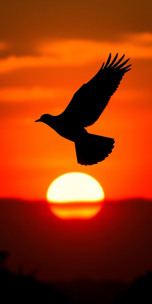 Create an image of a large black silhouette of a bird in flight against a sunset backdrop, using a DSLR camera with a 50mm lens, aperture set to f/1.8, ISO 100, and a shutter speed of 1/400s, capturing a wide-angle view with vibrant colors for a dramatic effect.