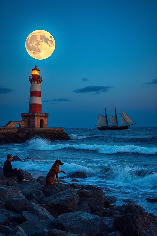Create a stunning seascape at night featuring a lighthouse, a large moon in the sky, a sailing ship on the water, a person sitting on rocks with a dog, and waves crashing against the shore, captured with a Canon EOS R5, 24mm lens, f/2.8 aperture, ISO 100, at twilight with a wide angle view for depth and a vibrant color palette.