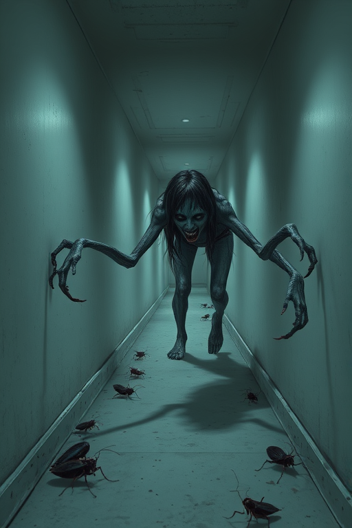 a crooked female with long arms and a creepy smile is crawling along a long white corridor and you can also see cockroaches in it there is a creepy atmosphere creepy art style