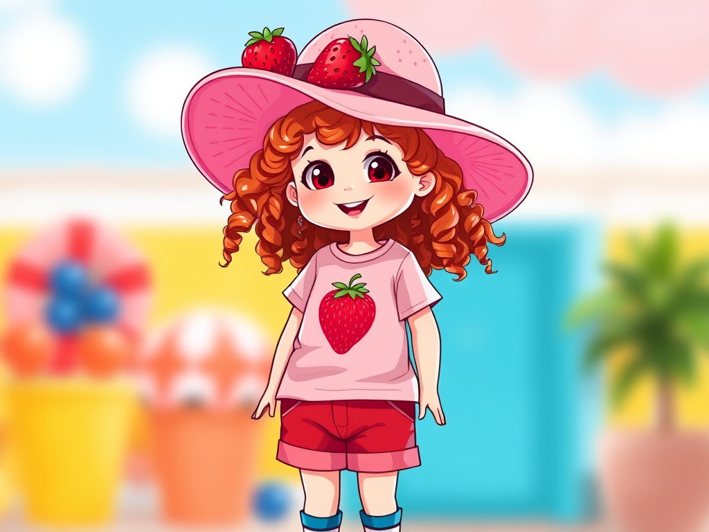 Create a vibrant illustration of a young girl with curly red hair wearing a wide-brimmed pink hat adorned with a strawberry, a light pink t-shirt with a red strawberry graphic, red shorts, and blue shoes, set against a bright, cheerful background, captured with a DSLR camera at f/4.0 aperture, ISO 100, 35mm lens, in a soft-focus style.