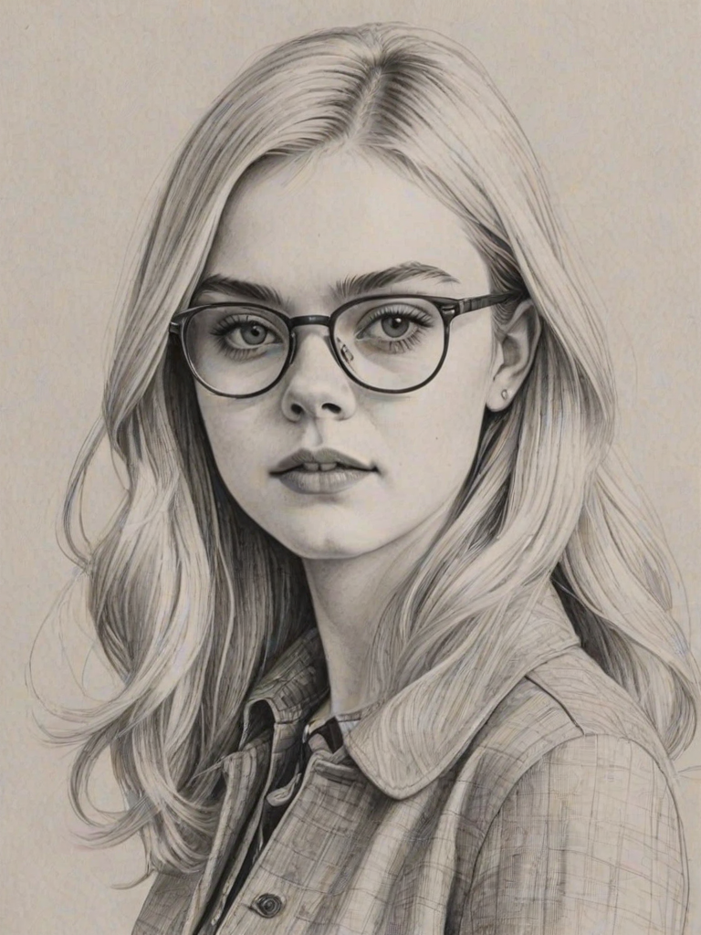 Lovely Elle Fanning, pencil sketch, portrait of Dazzling woman 1960s in glasses, hair style beatnik, outline, clear lines, fine lines, 8k