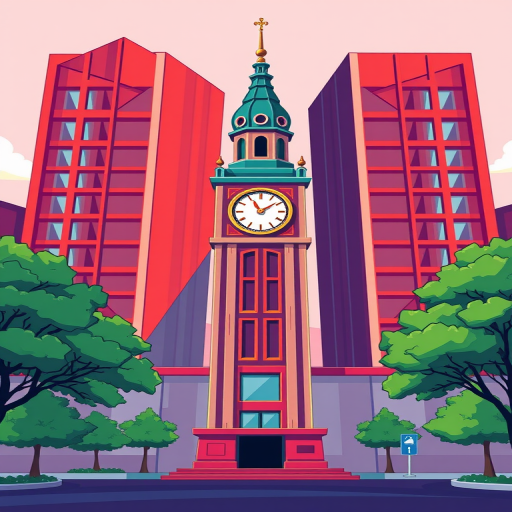 Create a vibrant cartoon-style illustration of a clock tower building in front of abstract red geometric skyscrapers, with green trees on either side, using a DSLR camera, f/8 aperture, ISO 100, 24mm lens, and captured in high dynamic range to enhance colors and details.