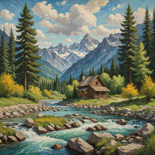 This Van Gogh-inspired painting depicts a peaceful scene of a small cabin located near a flowing river. The scene is surrounded by lush vegetation, including tall trees and rocky terrain. In the background, majestic mountains rise under a sky filled with rolling clouds. The river gently cascades over the rocks, adding a sense of movement and tranquility to the scene. The use of vibrant colors and detailed brushstrokes create a sense of depth and harmony in the natural setting.