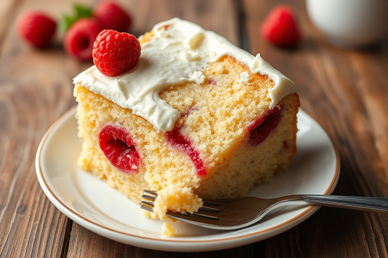 A slice of moist vanilla cake with raspberry filling and creamy white frosting on a rustic wooden table with a fork resting beside it