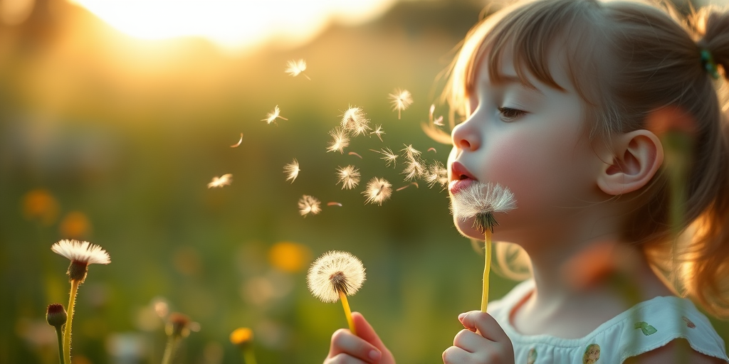 Soft-focus image of a young girl blowing dandelion seeds into the air in a sunlit meadow, soft golden light from the setting sun illuminating the floating seeds and wildflowers.
