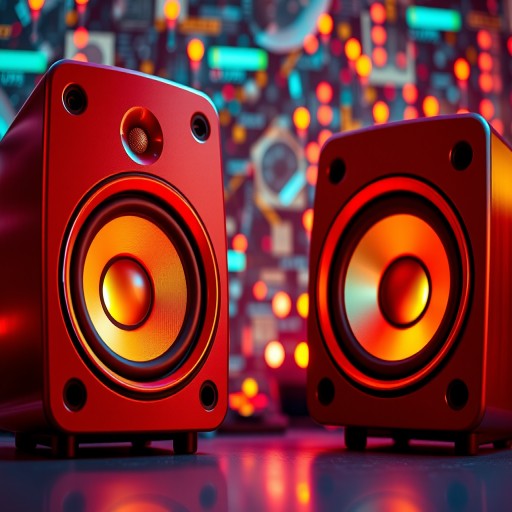 high-resolution image of illuminated speakers with a digital background, featuring vibrant colors and glowing effects, shot with a DSLR camera at ISO 100, f/2.8 aperture, 50mm lens, and a 1/60 sec shutter speed, in a medium shot perspective, with a focus on sharp detail and contrast.
