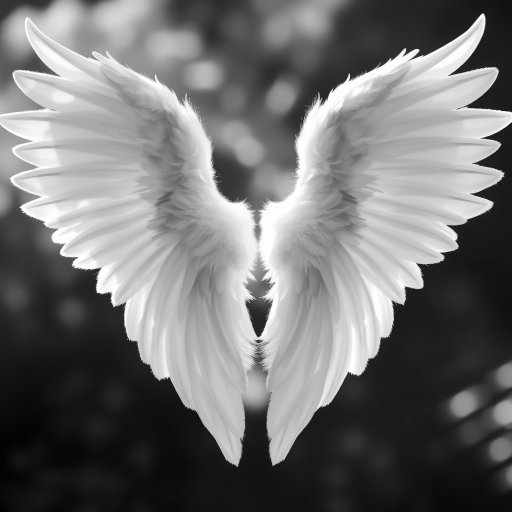 high-resolution image of angel wings in black and white, soft focus, natural light, DSLR camera, f/2.8 aperture, 50mm lens, ISO 100, high dynamic range, centered composition