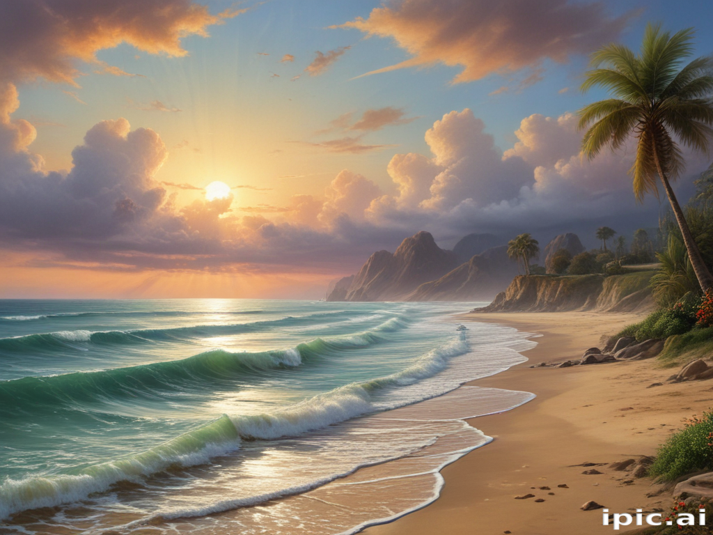 Serene Sunrise Over Tropical Beach with Gentle Waves and Lush Palm Trees