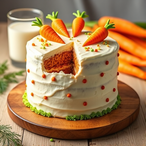A beautifully decorated carrot cake with layers of moist cake and cream cheese frosting adorned with colorful carrot decorations, placed on a wooden board with some fresh carrots and a glass of milk in the background.