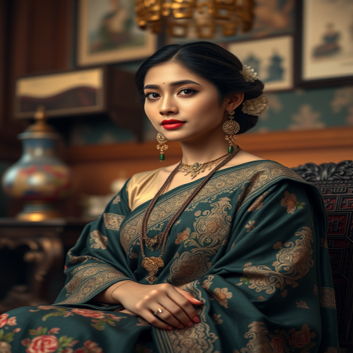 A beautiful Bangladeshi woman in traditional East Asian attire, intricately detailed with embroidered patterns, sitting gracefully in a richly decorated room, soft ambient lighting, serene and elegant, ultra-realistic, 8K resolution