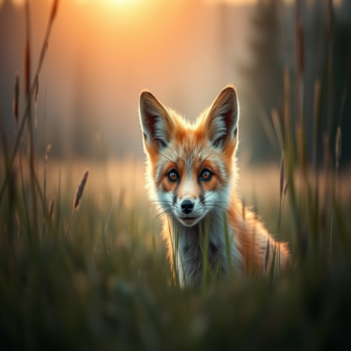Sharp, high-resolution photo of a fox peeking through tall grass, soft light from the early morning sun illuminating its fur, distant forest in soft focus, and a sense of quiet curiosity.
