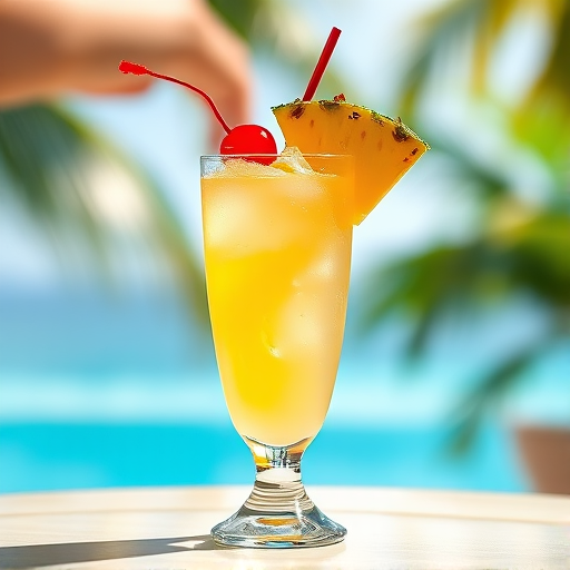 Create a high-resolution digital illustration of a tropical cocktail served in a clear glass, featuring a pineapple slice and a cherry garnish, captured in a bright, airy setting with a shallow depth of field, using a DSLR camera with a 50mm lens at f/1.8, ISO 100, and natural lighting for enhanced clarity and vibrancy.