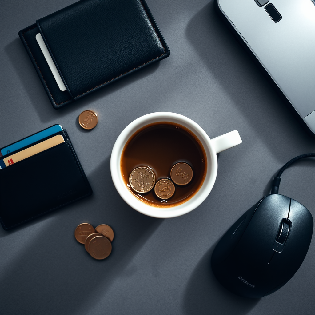 flat lay of a coffee cup, wallet with cards, cash, coins, and a computer mouse, natural lighting, 50mm lens, f/2.8 aperture, 1/125 sec shutter speed, ISO 400, top-down view, high-resolution digital photography