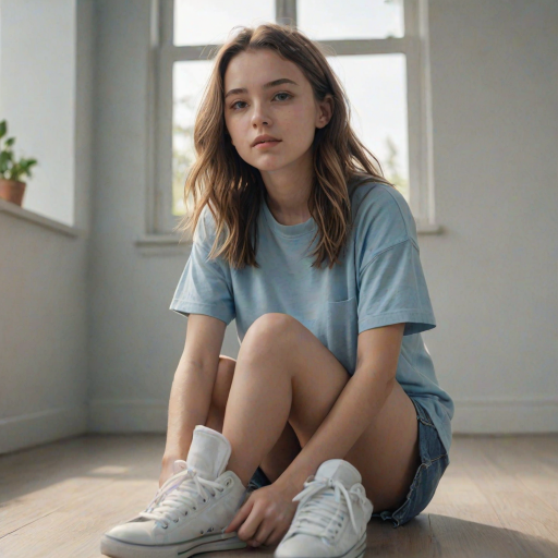 Generate an ultra-realistic, highly detailed, high-definition photograph. It's a photo of a girl sitting on the floor. She's looking at the horizon. The photo is taken from the bottom up, at ground level. The girl's sneakers are in the foreground, in the center of the scene. The girl is wearing light clothes, a t-shirt and short shorts. The sky is blue. Bright environment. The background is a blurred image of a park.