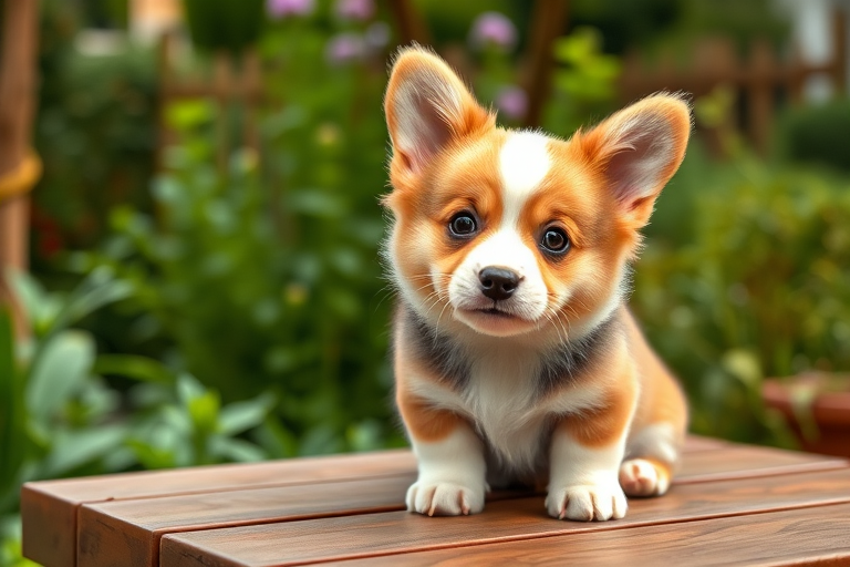 Generate an image of a cute corgi puppy with fluffy fur and big expressive eyes sitting on a wooden table in a lush green garden setting with plants and trees in the background. The corgi should have a playful and curious expression, slightly tilting its head to one side.