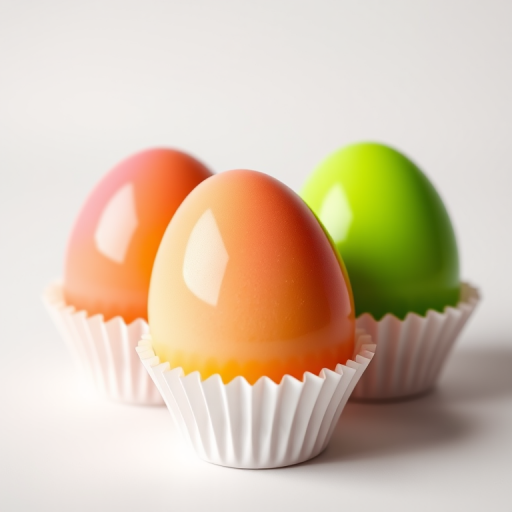 high-resolution render of two glossy colorful eggs, one pink-orange gradient and one bright green, placed in white cupcake liners, soft diffused lighting, shallow depth of field, 50mm lens, f/1.8 aperture, 1/125 sec shutter speed, ISO 100, studio setup