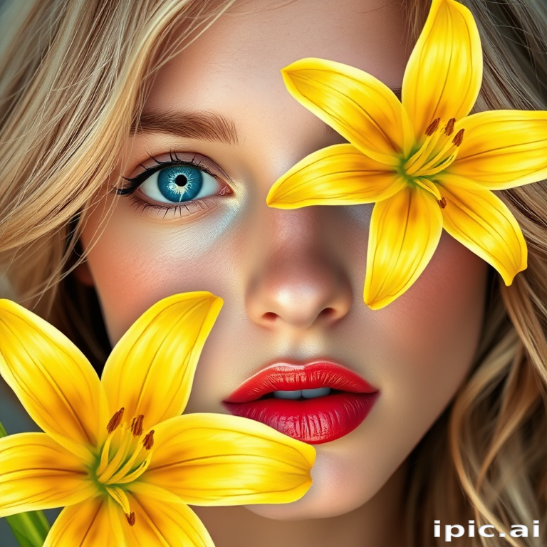 hyper realistic photo portraying a close-up of a pretty girl's face with a abstract floral motif. Her eyes are a striking blue, with visible eyelashes and reflective highlights. The girl's skin is flawless, and her lips are pink. Her, blonde hair is loosely wavy, blending with the  background. Two yellow lilies, detailed with strokes indicating individual petals and stamens, overlay the image.